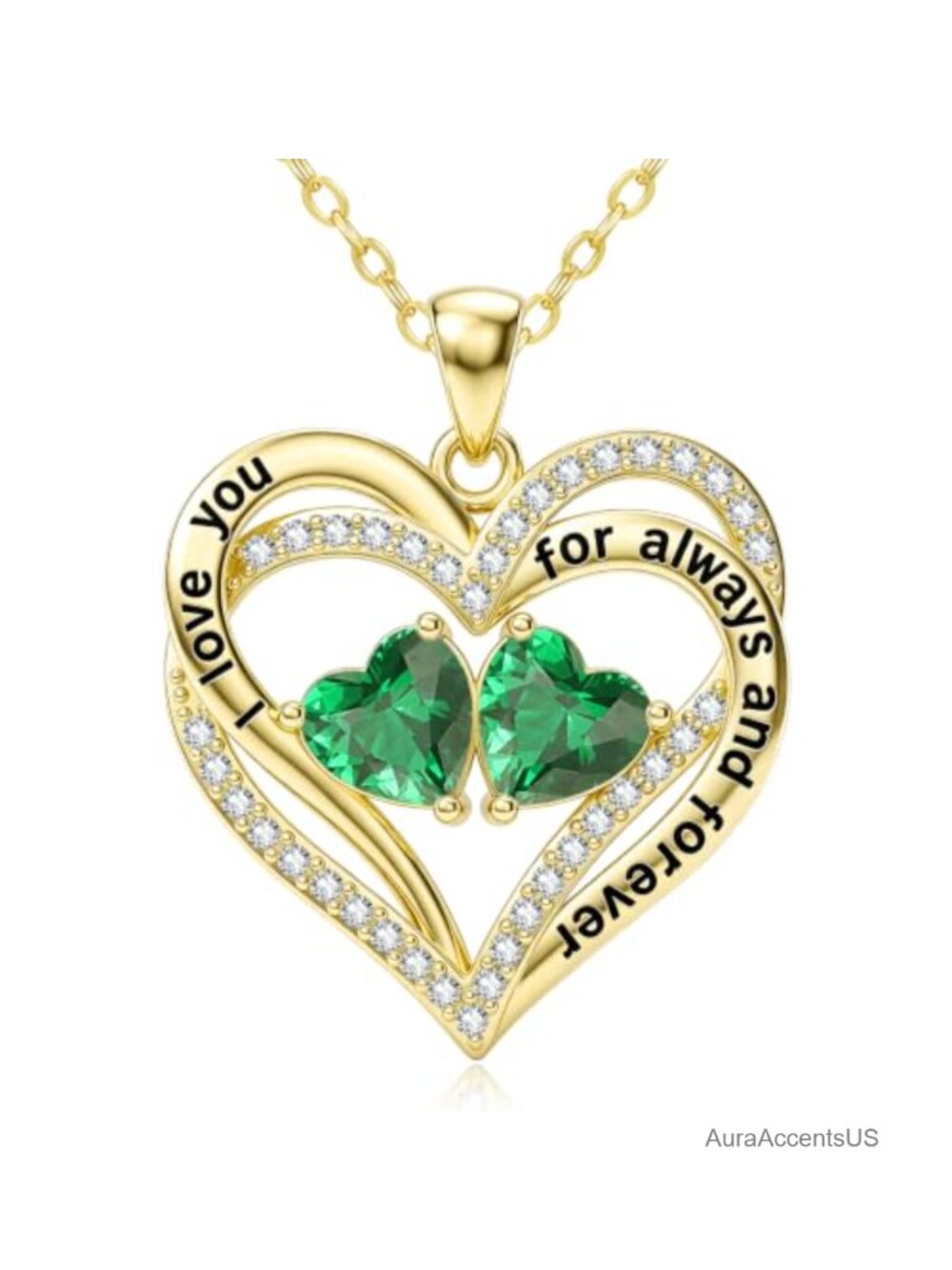 14K Gold Double Intertwined Heart Pendant Birthstone Necklace